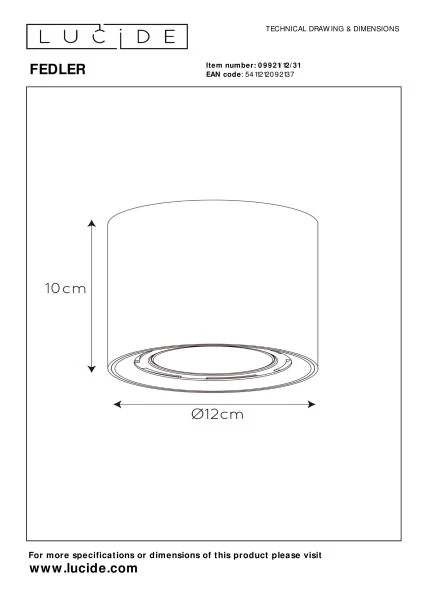 Lucide FEDLER - Ceiling spotlight - Ø 12 cm - LED Dim to warm - GU10 (ES111) - 1x12W 2200K/3000K - White - technical